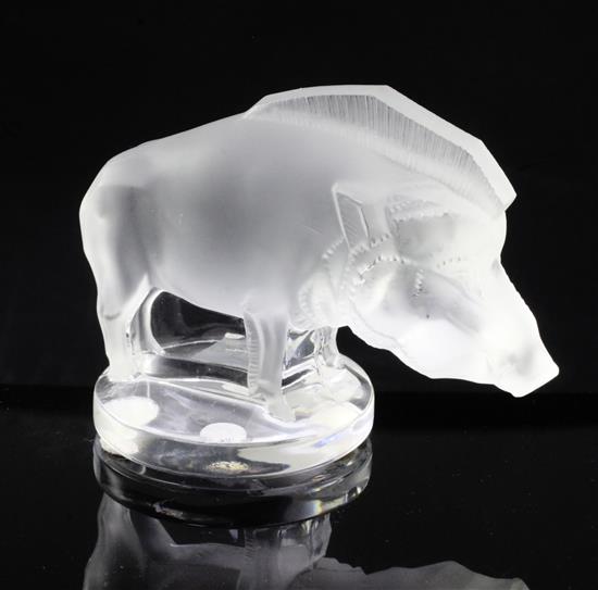 Sanglier/Wild Boar. A glass mascot by René Lalique, introduced on 3/10/1929, No.11802 Height 6.8cm.